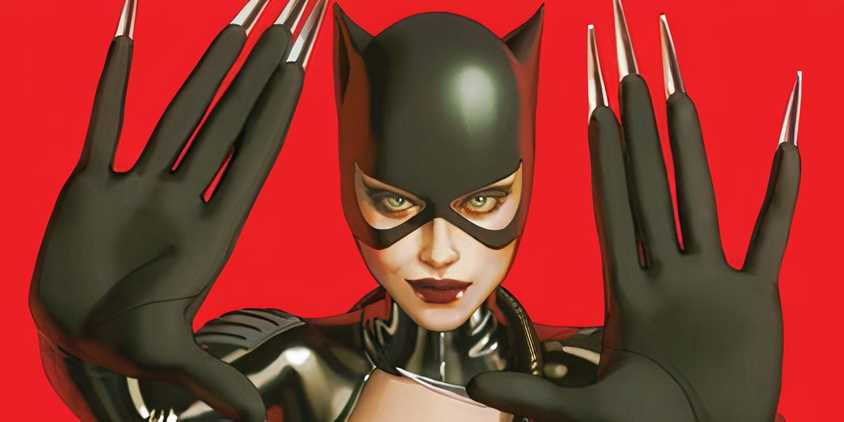Comic book art: Catwoman extends her hands to the viewer in front of a red background.