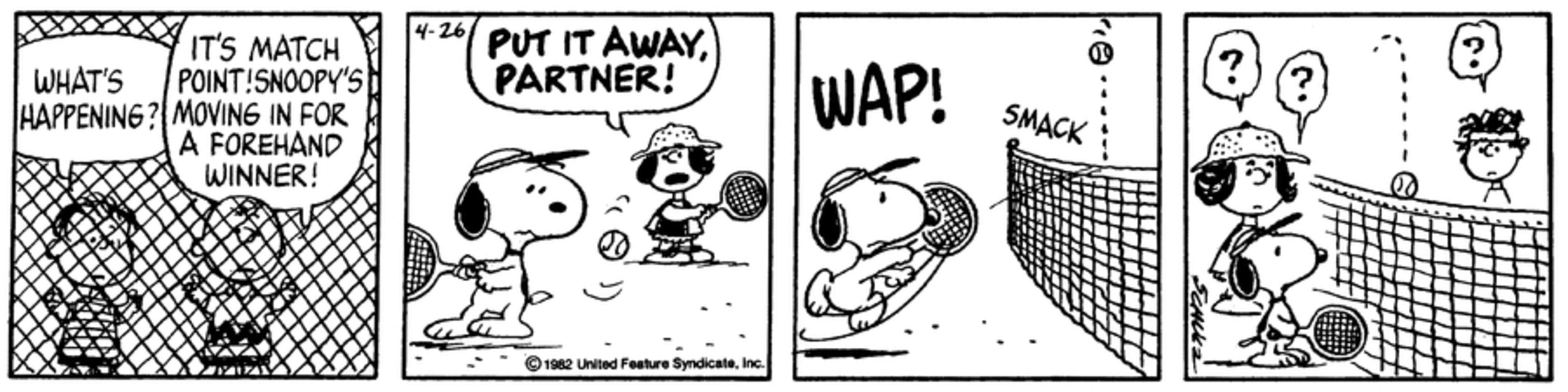 Snoopy acertando a bola na rede.