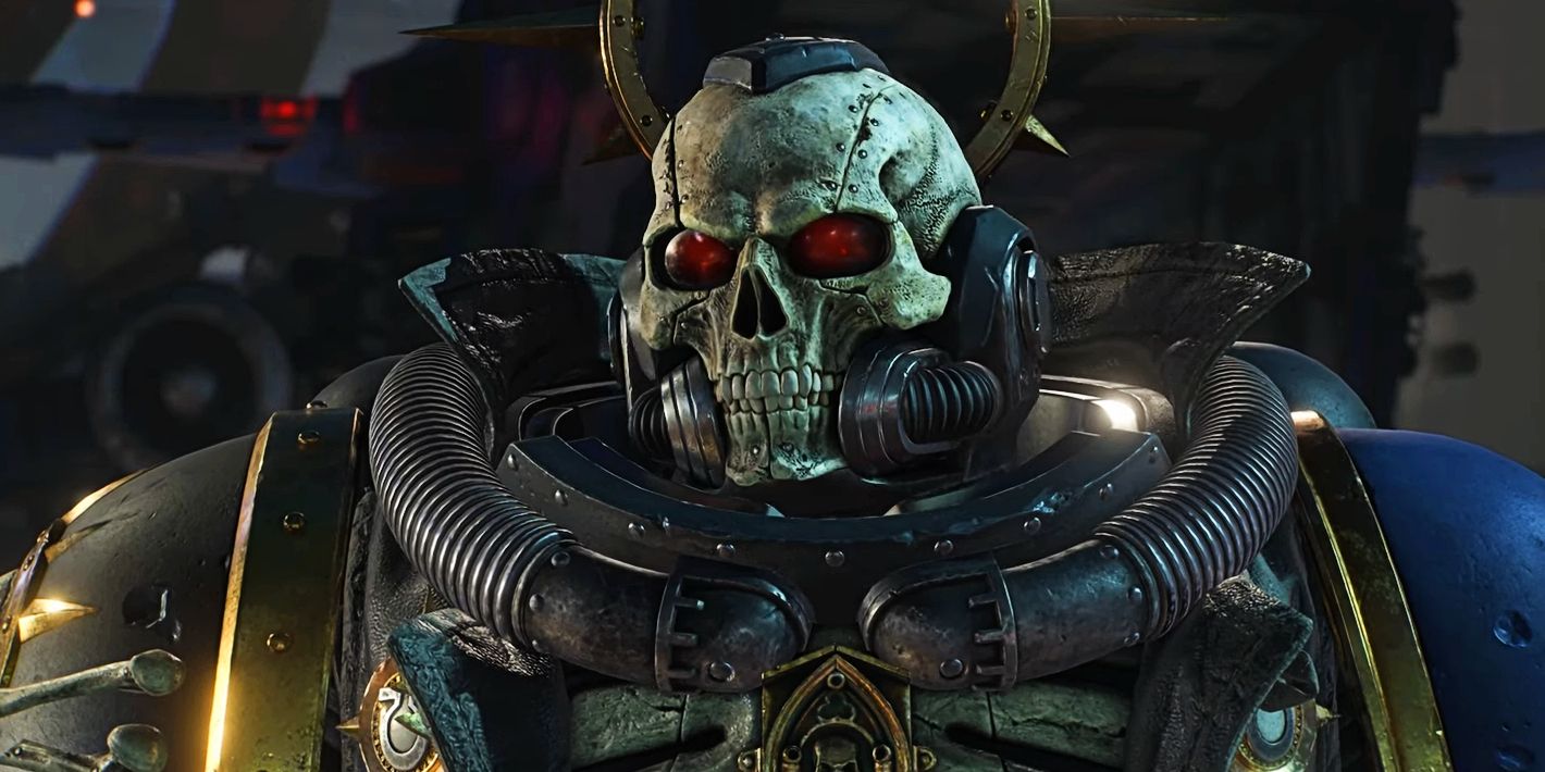 Chaplain Quintus in his skull-helmet power armor from Warhammer 40K: Space Marine 2.