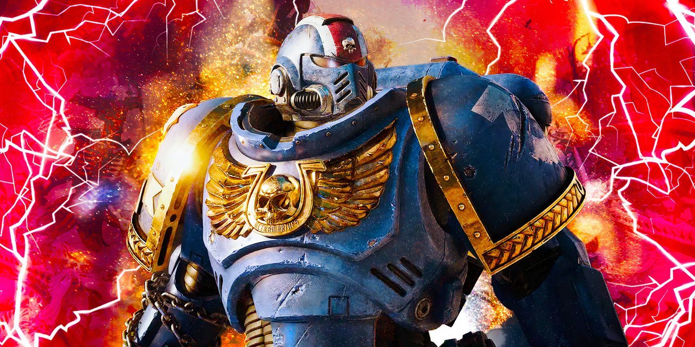 Kaptein Titus van Warhammer 40 000: Space Marine 2 omring deur rooi weerlig.