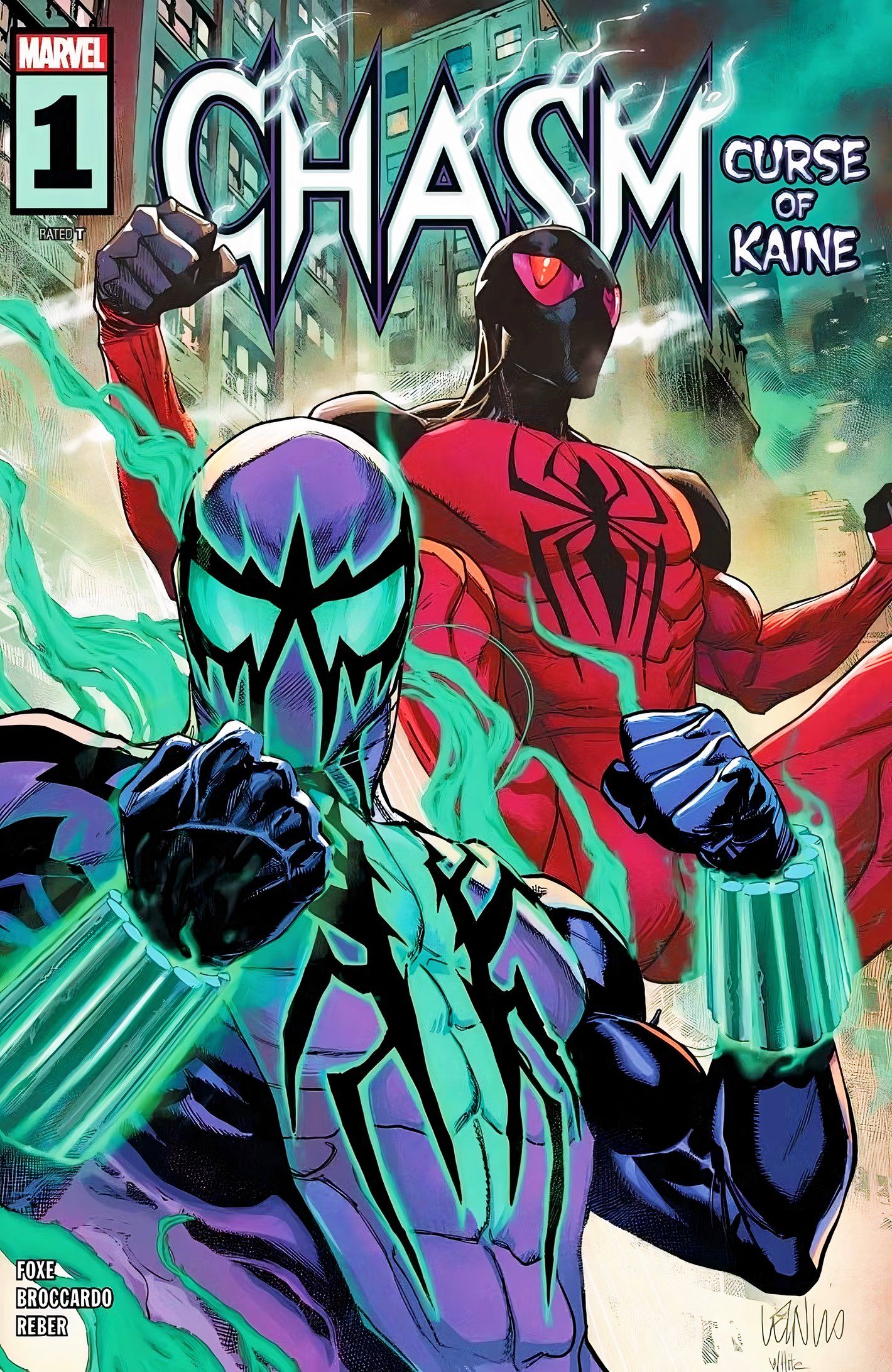 Capa de Chasm: Curse of Kaine #1, apresentando os dois heróis-aranha sombrios posando em um cenário de cidade