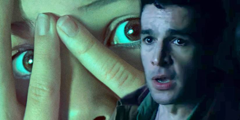 Christopher Abbott looking afraid while a young girl covers her eyes in Wolf Man trailer