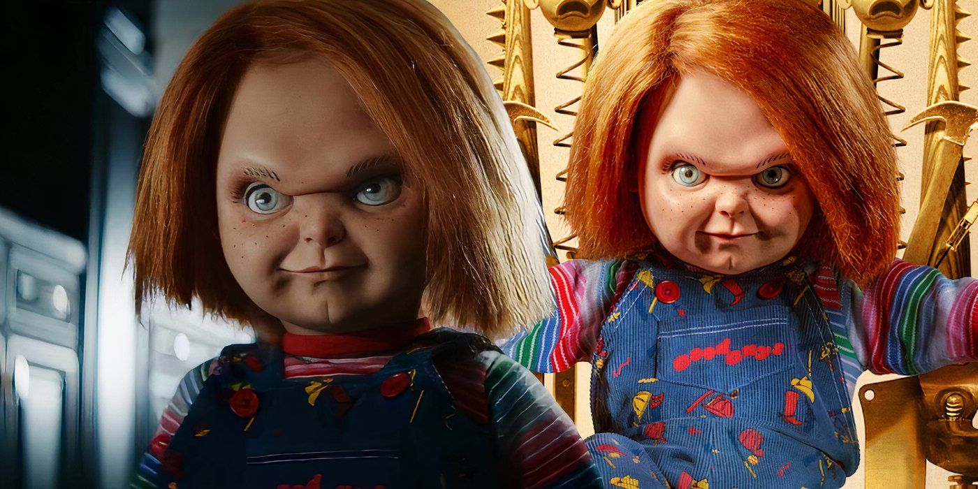 Una imagen compuesta de Chucky en la serie de televisión Chucky se sienta frente a Chucky en un trono dorado.