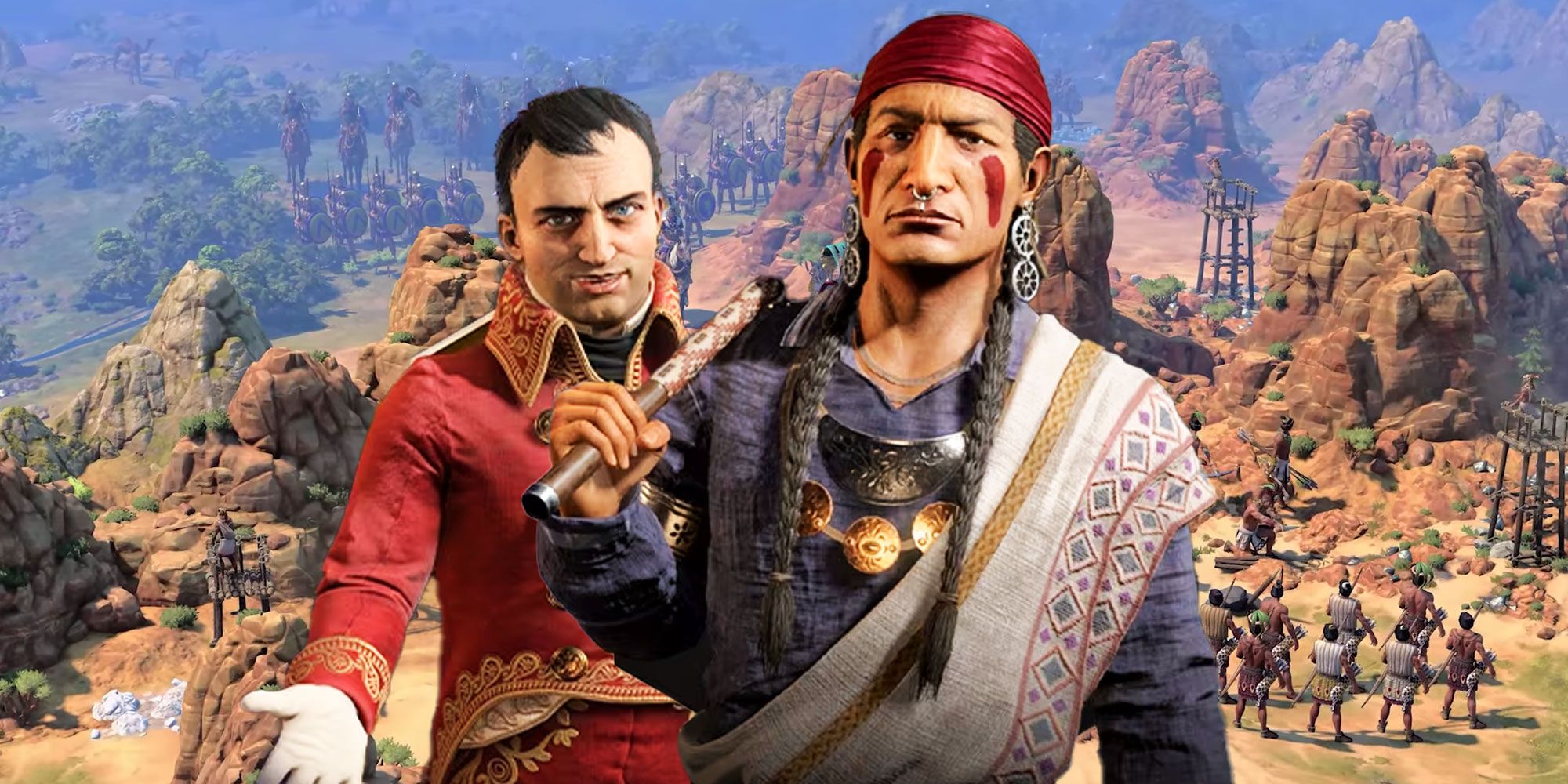 Two leaders from Civ 7 with gameplay in the background. 