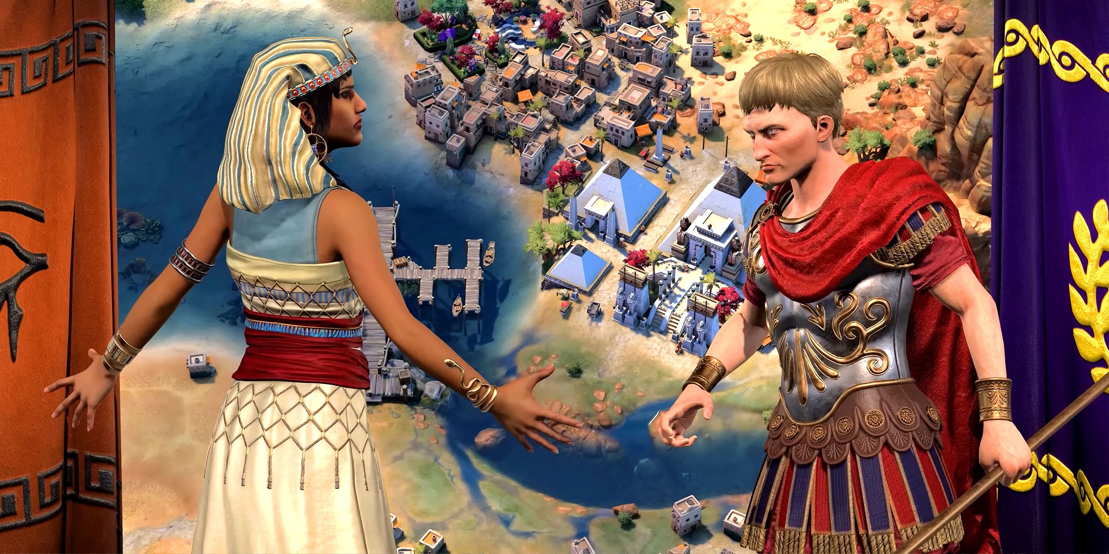 Cleopatra and Caesar arguing in Civilization 7.