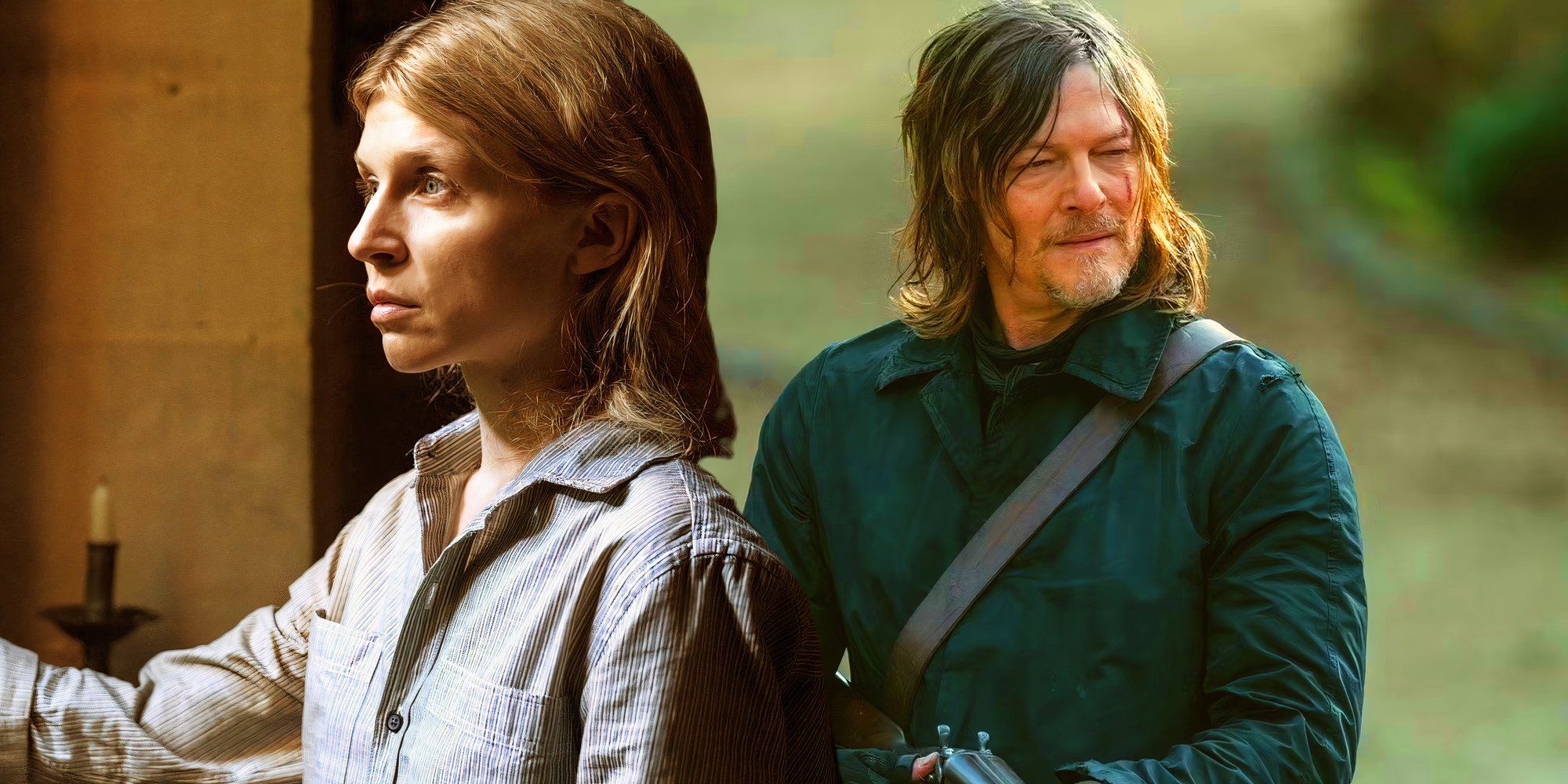 Clémence Poésy as Isabelle looking into the distance next to Norman Reedus as Daryl Dixon holding a shotgun in The Walking Dead: Daryl Dixon