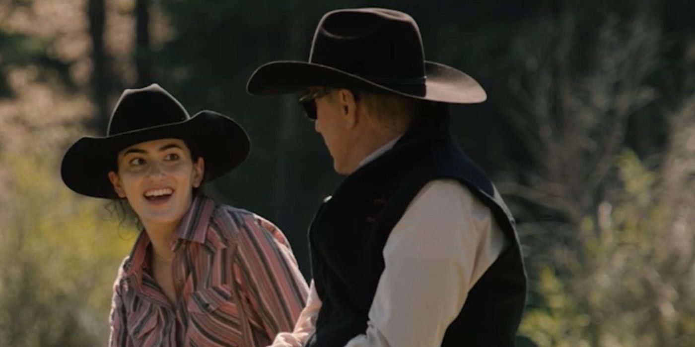 Clara Brewer (Lilli Kay) and John Dutton (Kevin Costner) riding horses in Yellowstone.