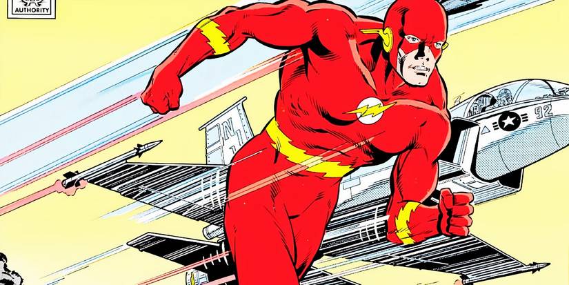 Classic image of the Flash racing ahead of a fighter jet in the background.