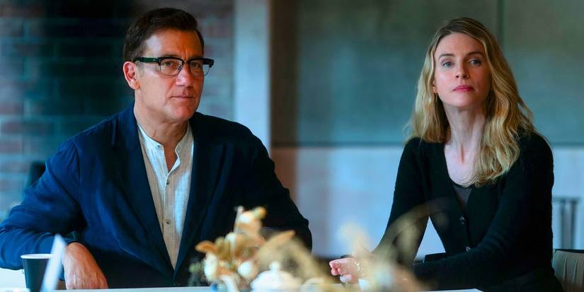 Clive Owen and Brit Marling at the dinner table in A Murder at the End of the World