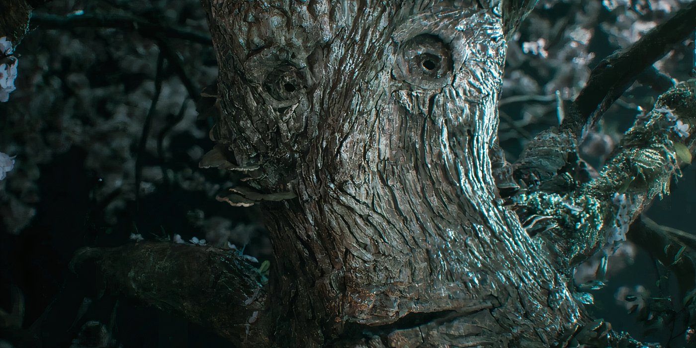 Close-up of an Ent face in Lord of the Rings: The Rings of Power.