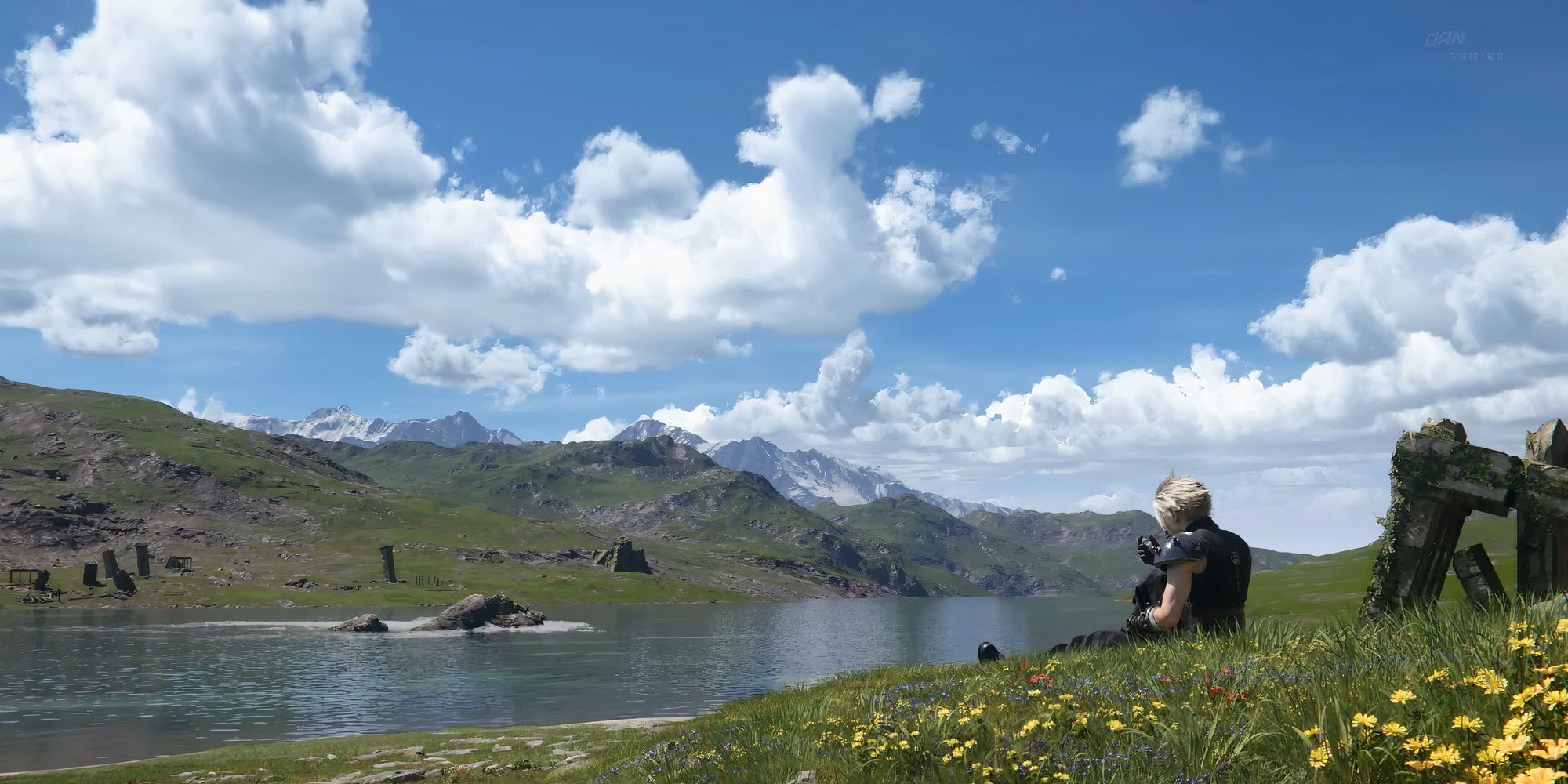 Cloud Strife sitting in a field alone in Final Fantasy 7 Rebirth FF7