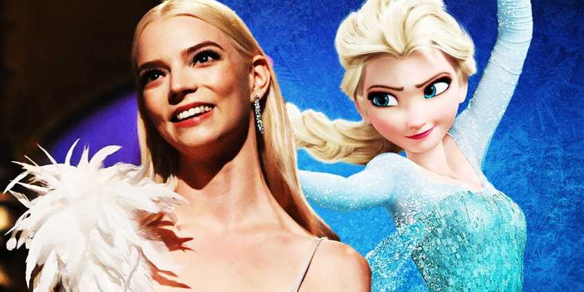 Collage of Anya Taylor-Joy on Saturday Night Live and Elsa in Frozen