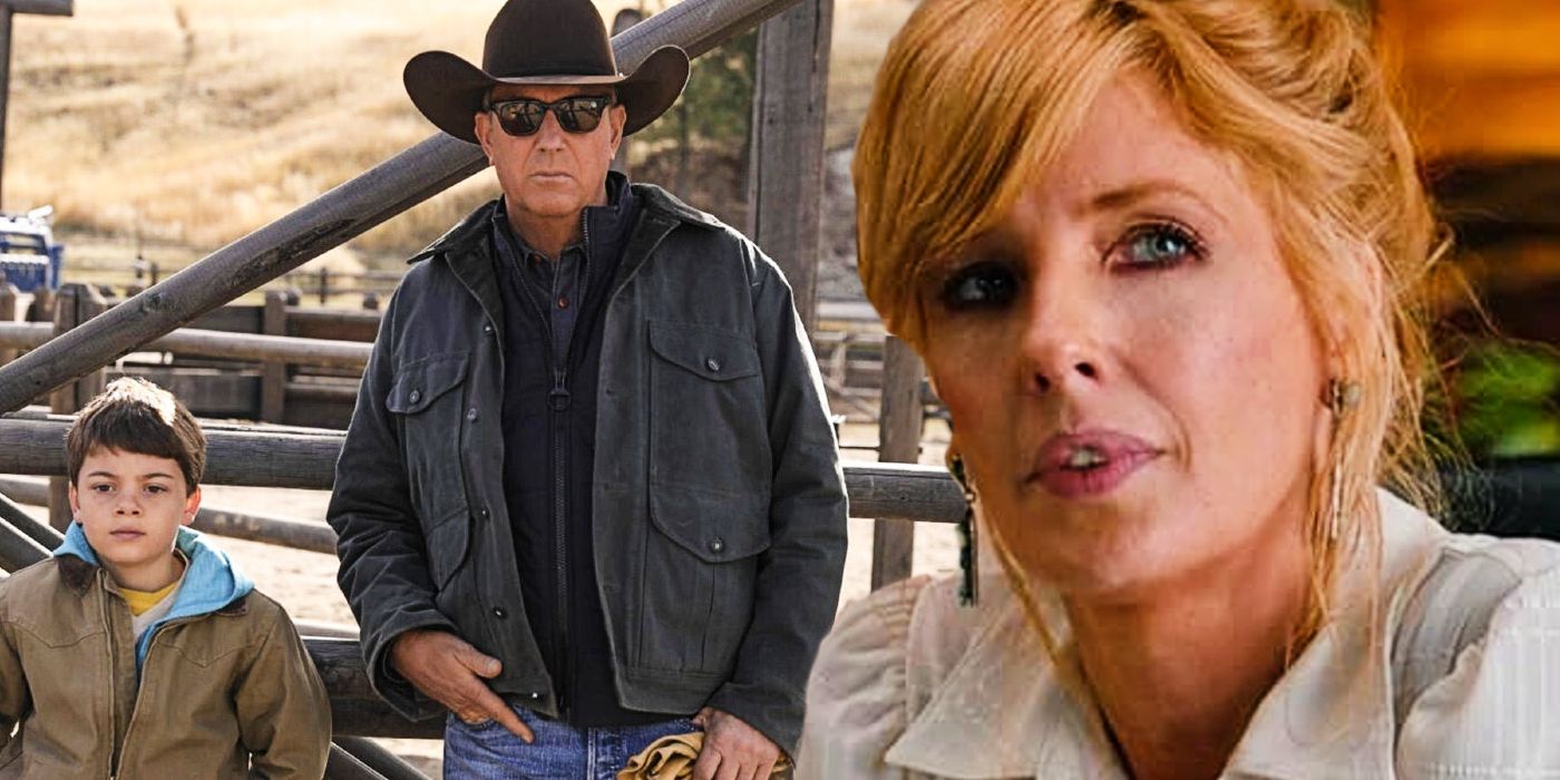 Collage of Beth (Kelly Reilly), John (Kevin Costner), and Tate (Brecken Merrill) in Yellowstone.