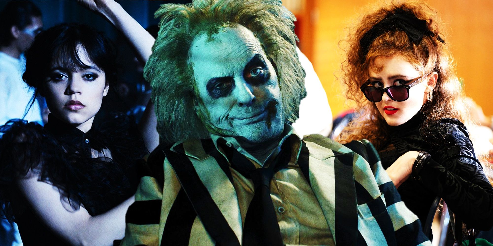 Collage of Jenna Ortega in Wednesday, Michael Keaton in Beetlejuice Beetlejuice, and Kathryn Newton in Lisa Frankenstein