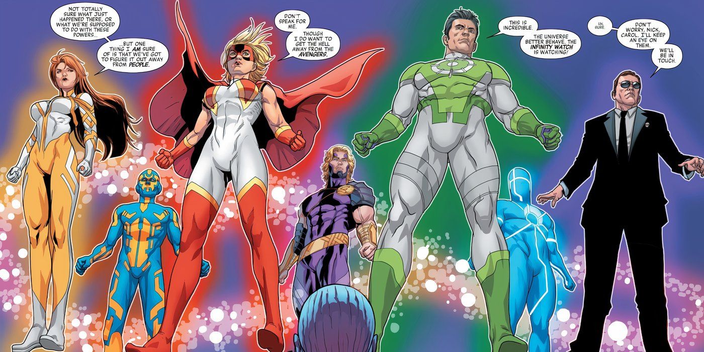 Infinity Watch da Marvel Comics se unindo como uma equipe, flutuando acima de Thanos.