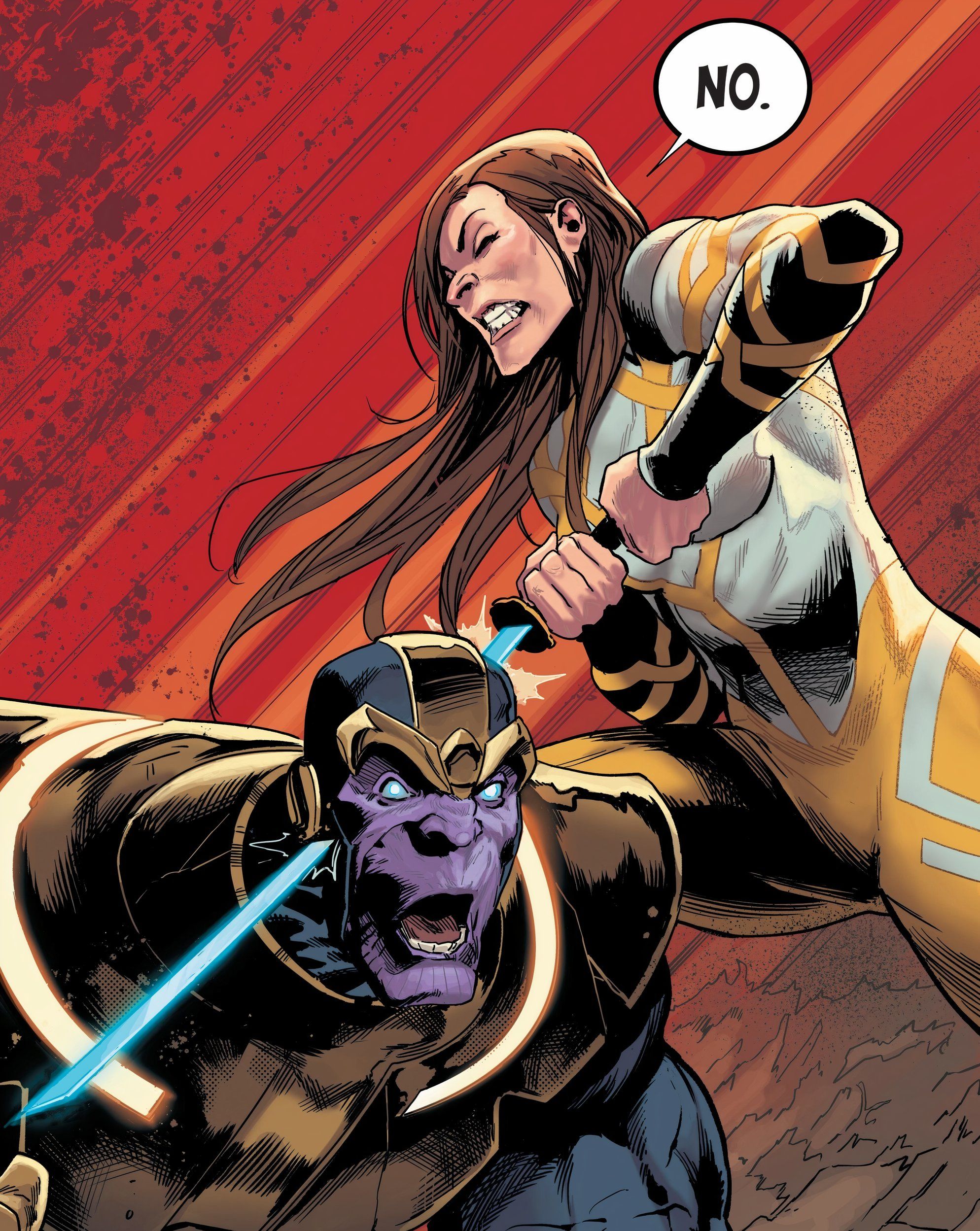 Colleen Wing esfaqueia Thanos para tirar a Joia da Mente.