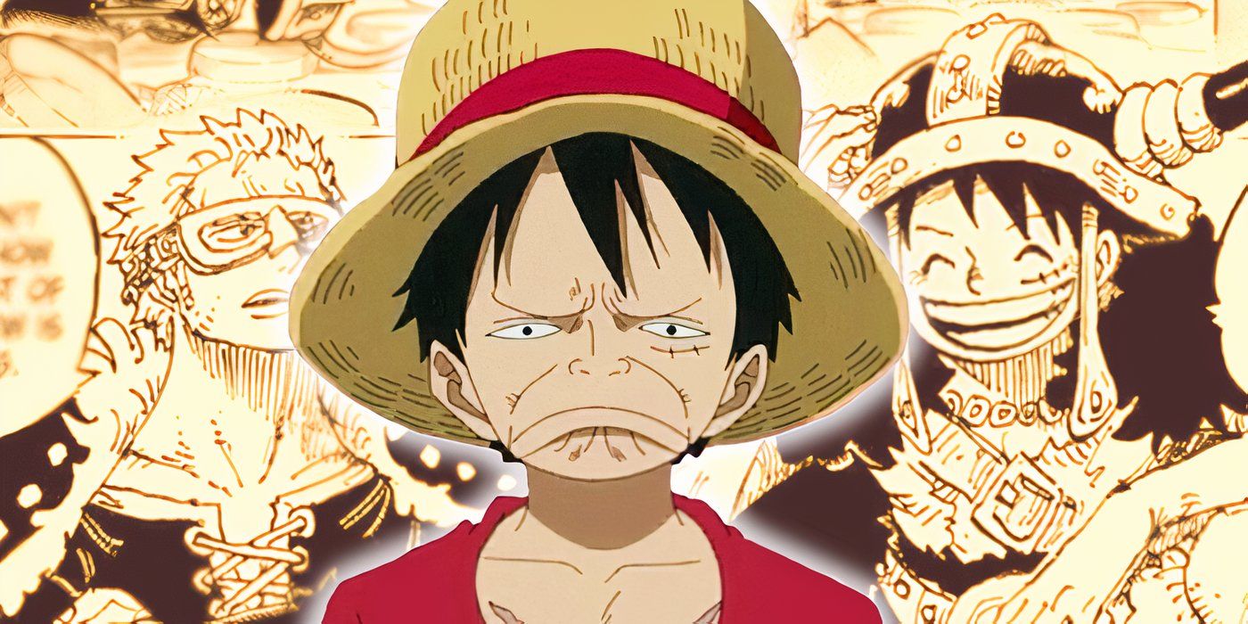 La cara confusa de Luffy en la parte superior del panel del arco de One Piece de Elbaf.