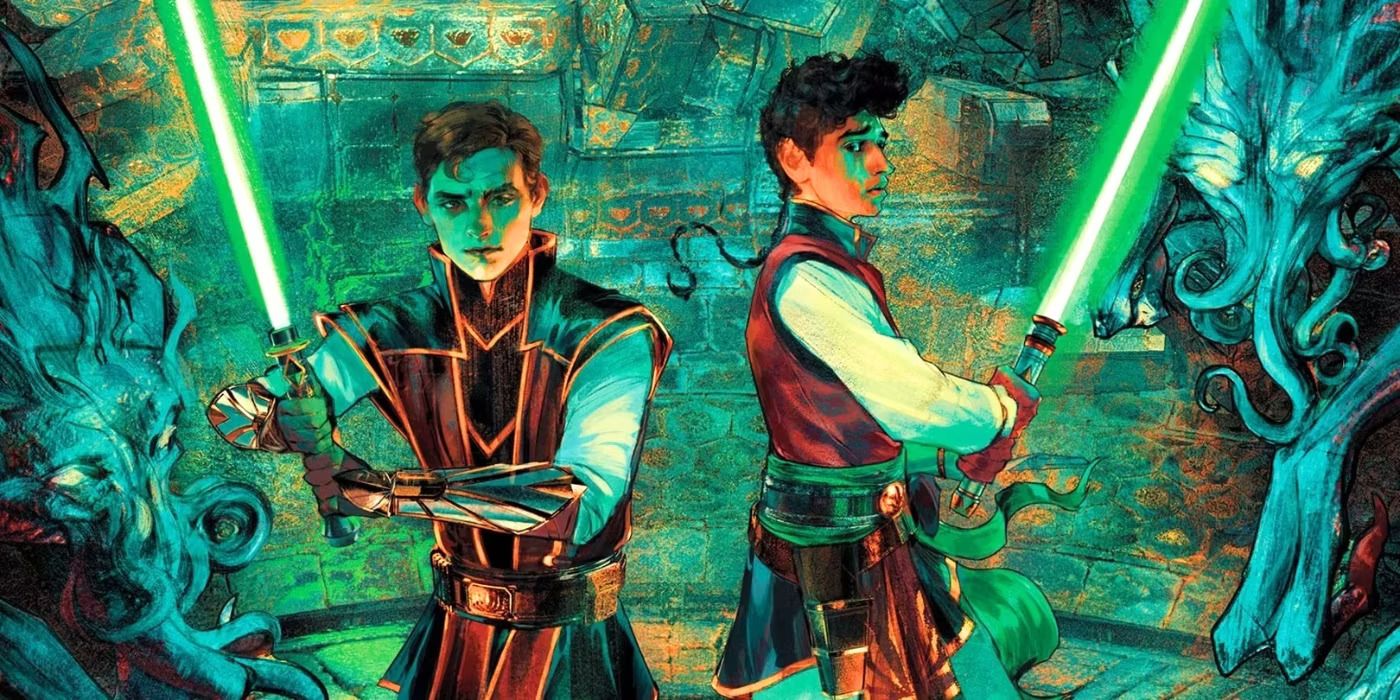 Star Wars: The High Republic: Portada de Tears of the Nameless con Reath Silas y Amadeo Azzazzo sosteniendo sables de luz verdes mientras están rodeados por Nameless.