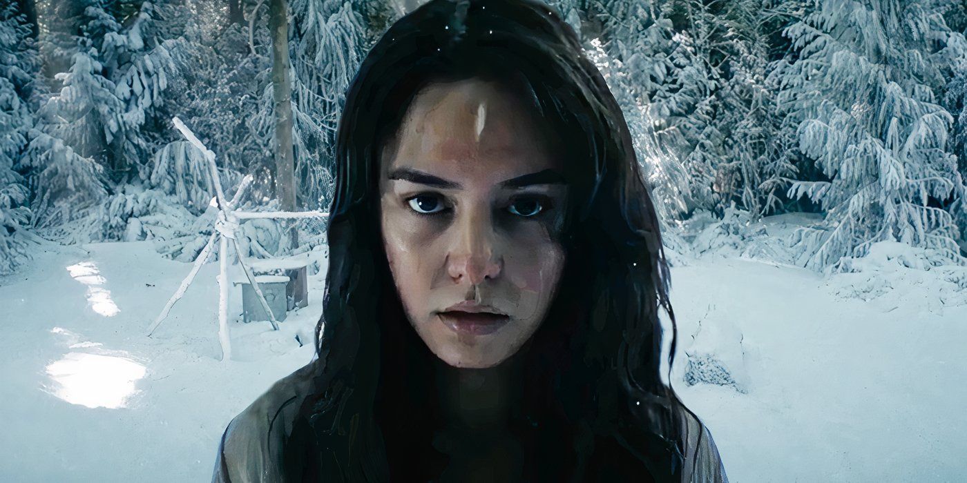 Courtney Eaton as Lottie, looking menacing in the snow in “yellow jackets.”