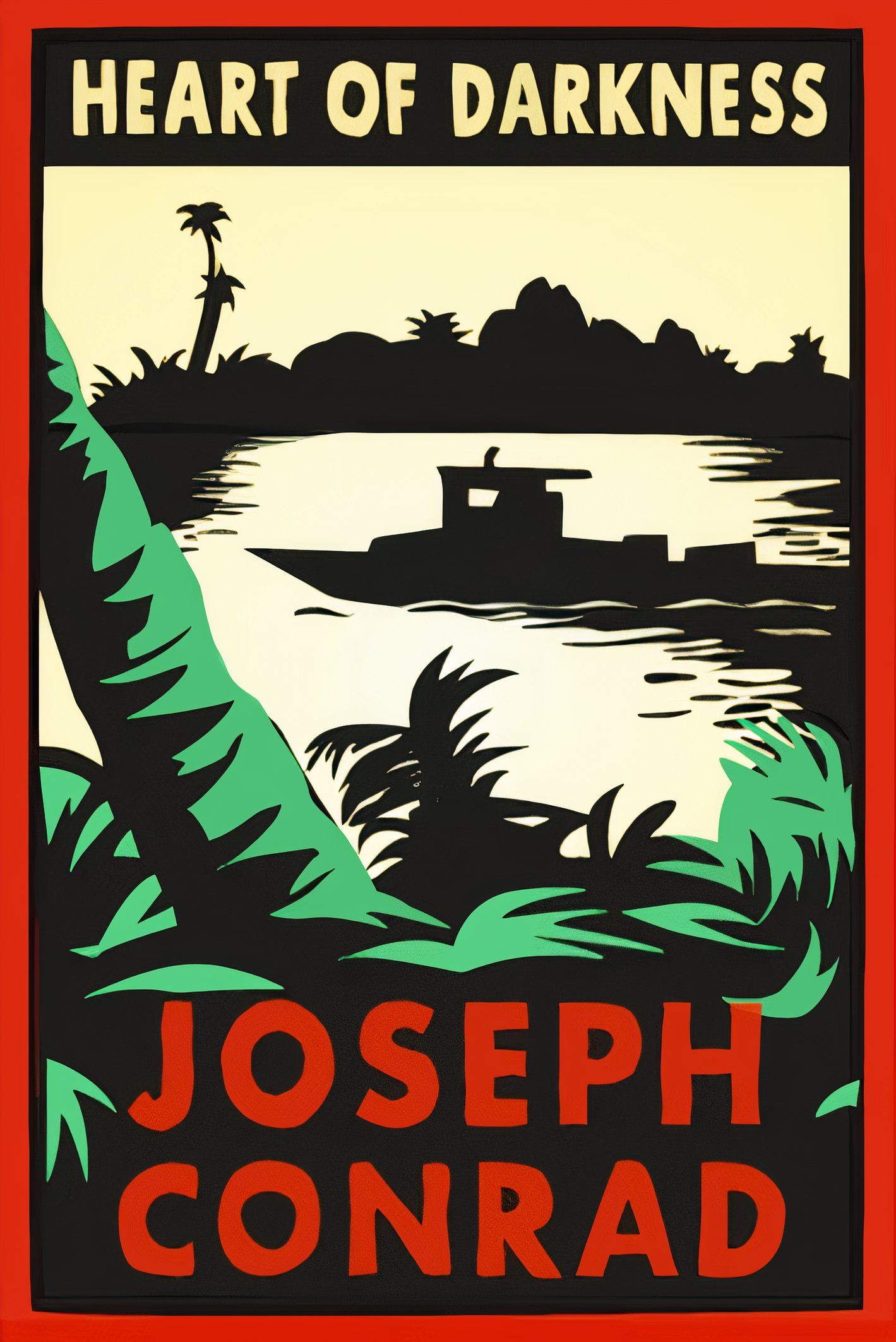 Capa de Heart of Darkness, de Joseph Conrad, com um barco em um rio visto da folhagem na margem do rio.