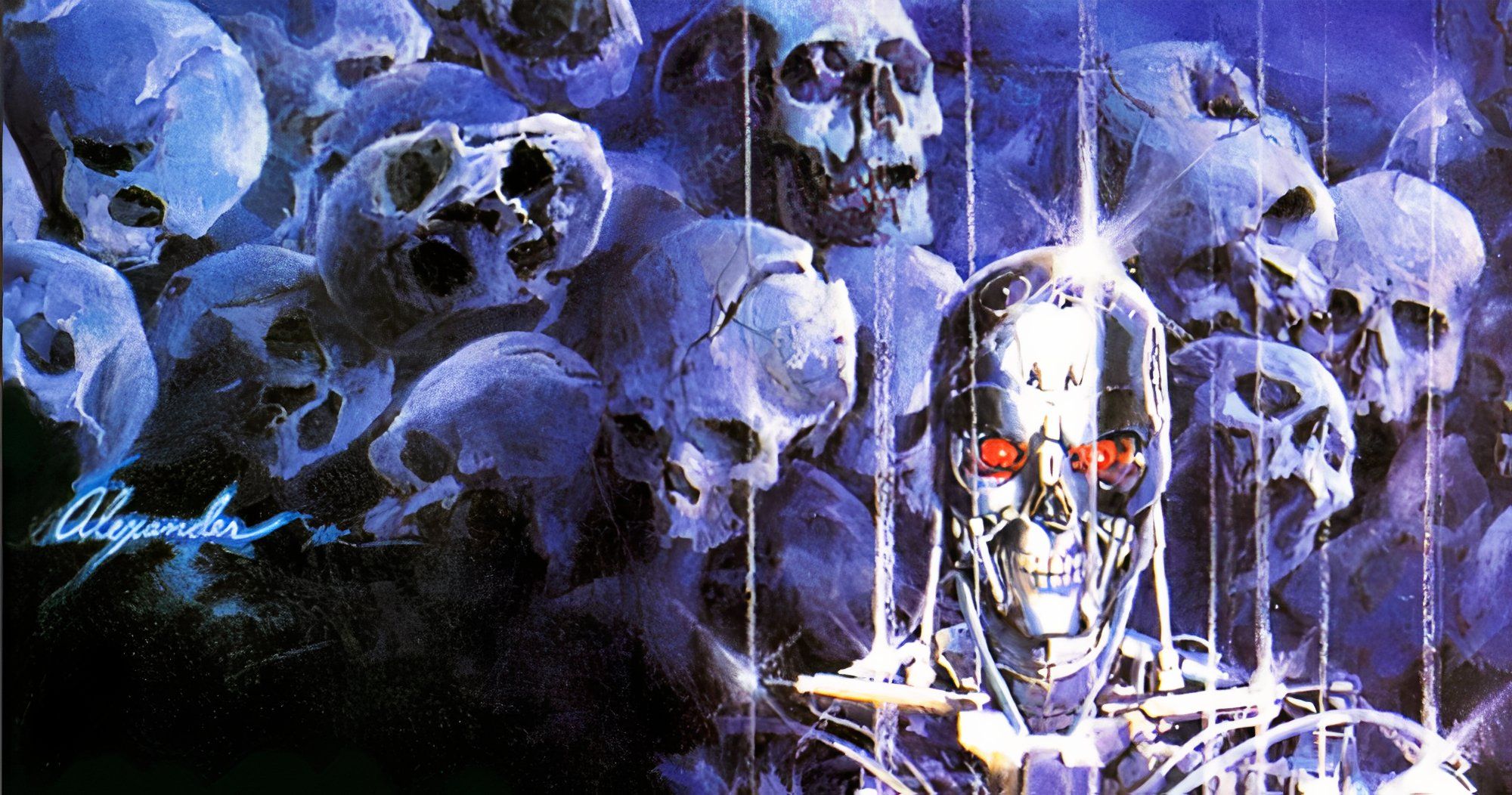 Portada recortada de Terminator The Burning Earth, que presenta un exoesqueleto de Terminator rodeado de calaveras.