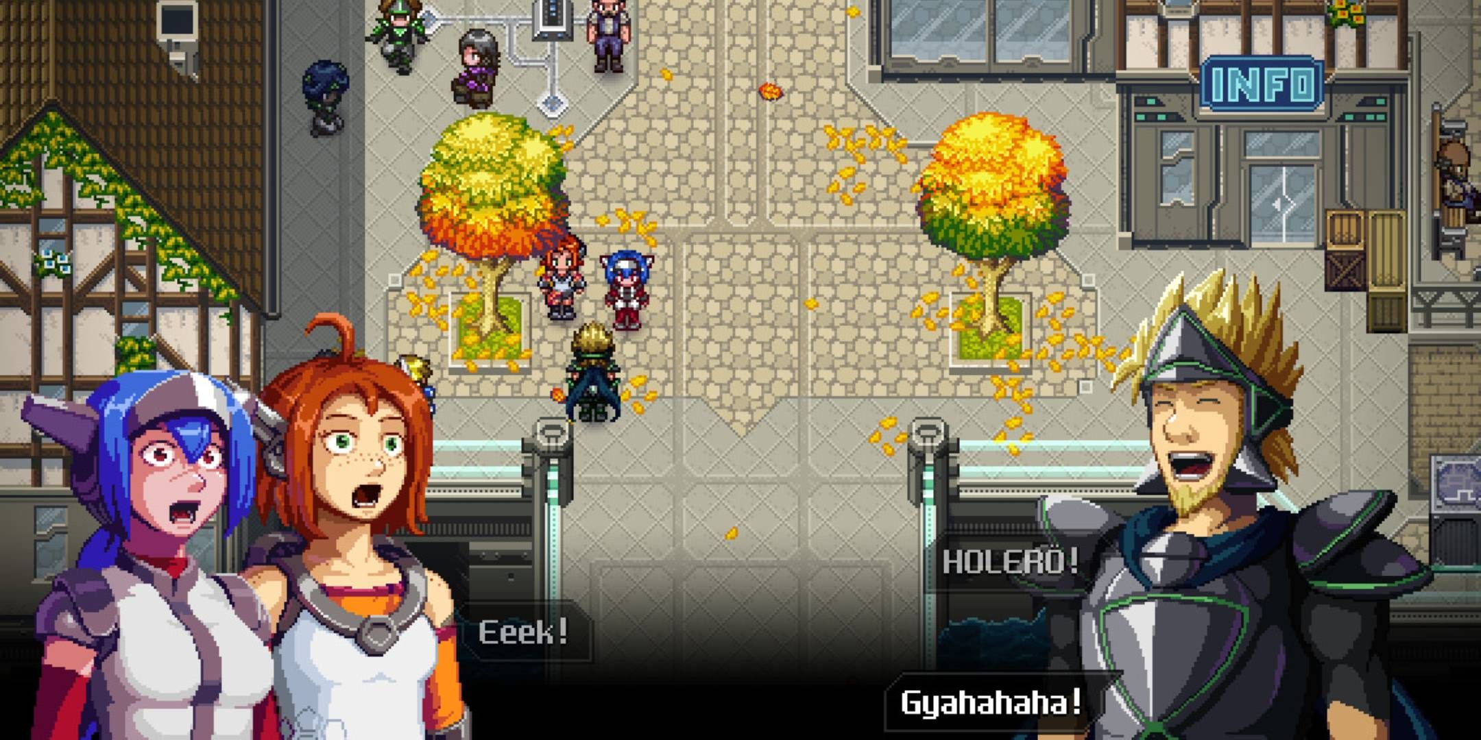 Lea and Emilie-Sophie de Belmond talking to Lukas in Crosscode.