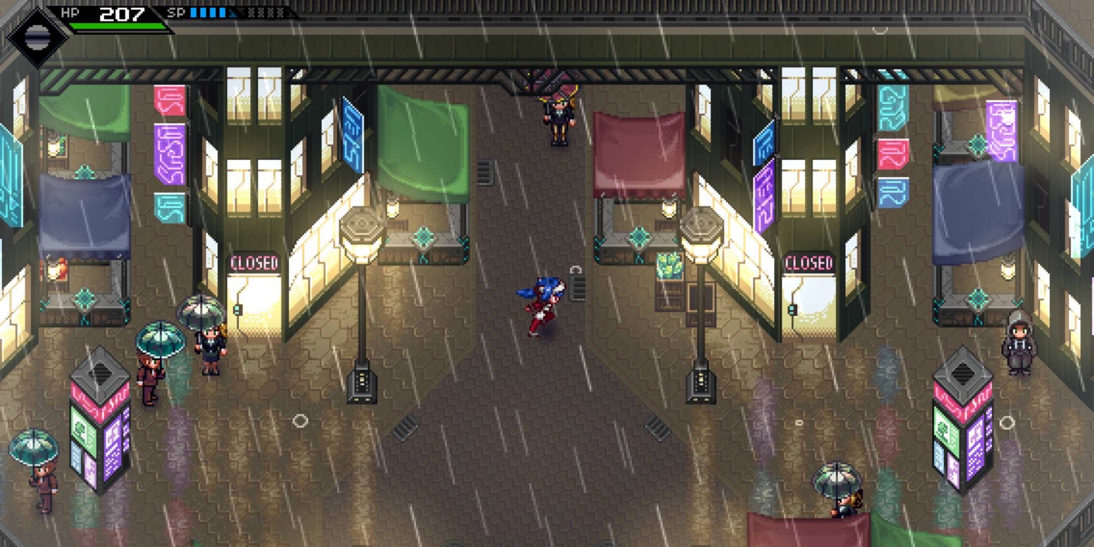 Lea running through a futuristic town in Crosscode.