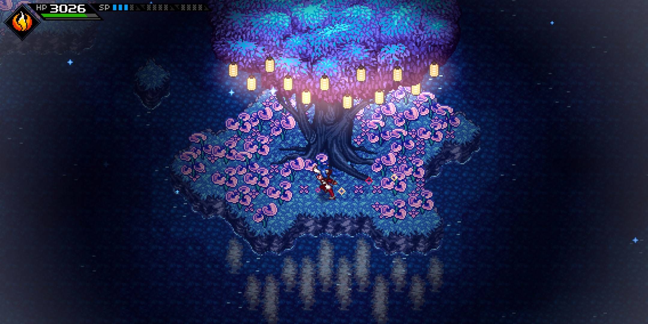 Leak running underneath a cherry blossom tree in Crosscode.