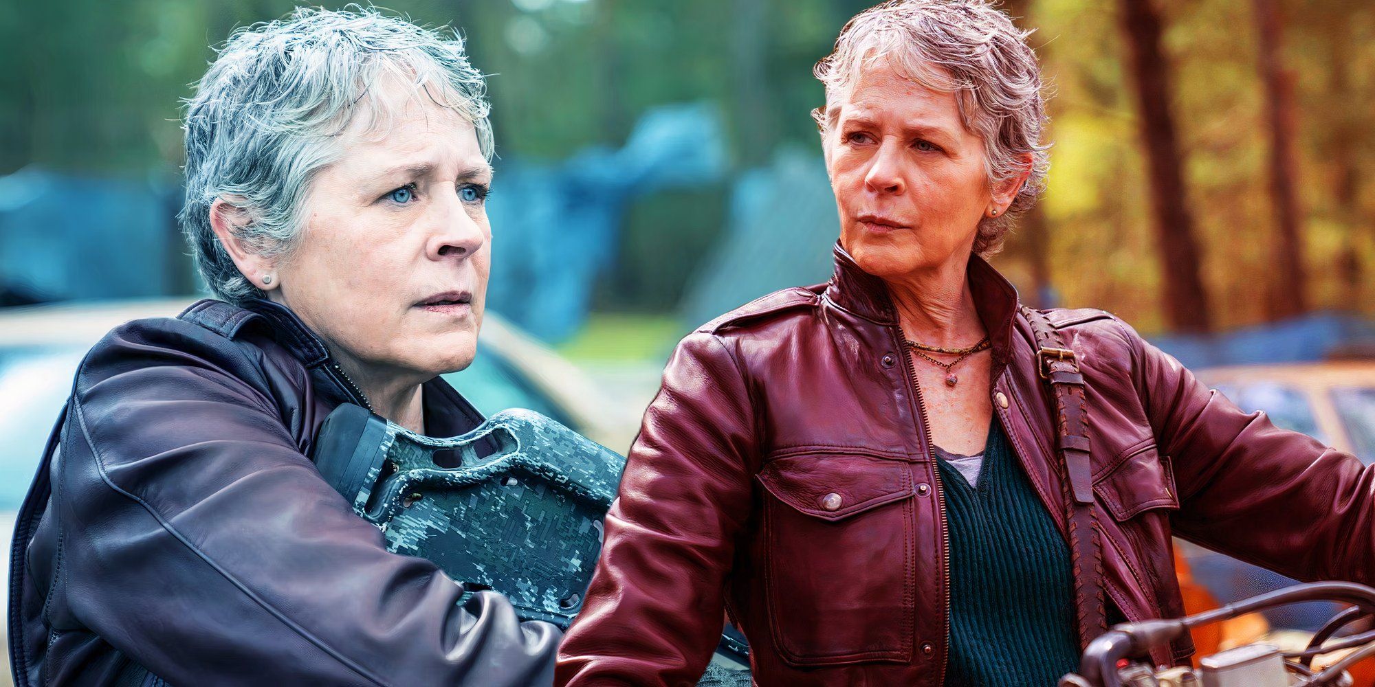 Custom image of Melissa McBride as Carol looking concerned while holding a crossbow and confidently sitting on a bike in The Walking Dead: Daryl Dixon