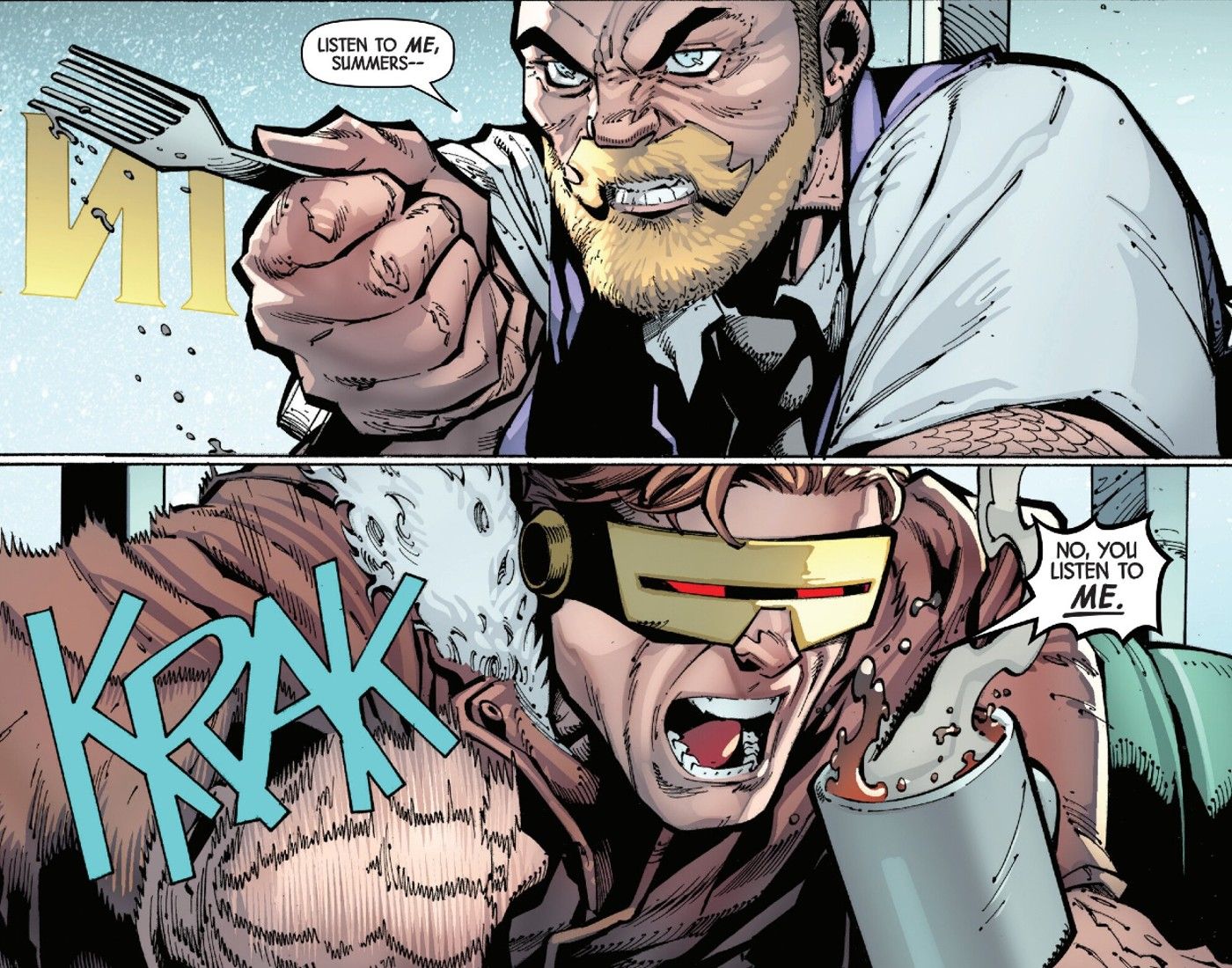 Ciclope e Agente Lundqvist discutem tomando café em X-Men #3