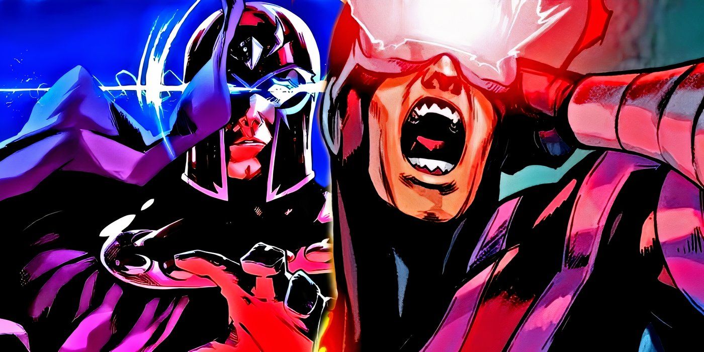 Cyclops dispara sus rayos oculares con Magneto justo detrás de él.