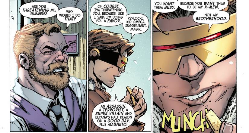 Comic book panels: Cyclops warns Agent Lundqvist about his X-Men being akin to Magneto and the Brotherhood of Evil Mutants.