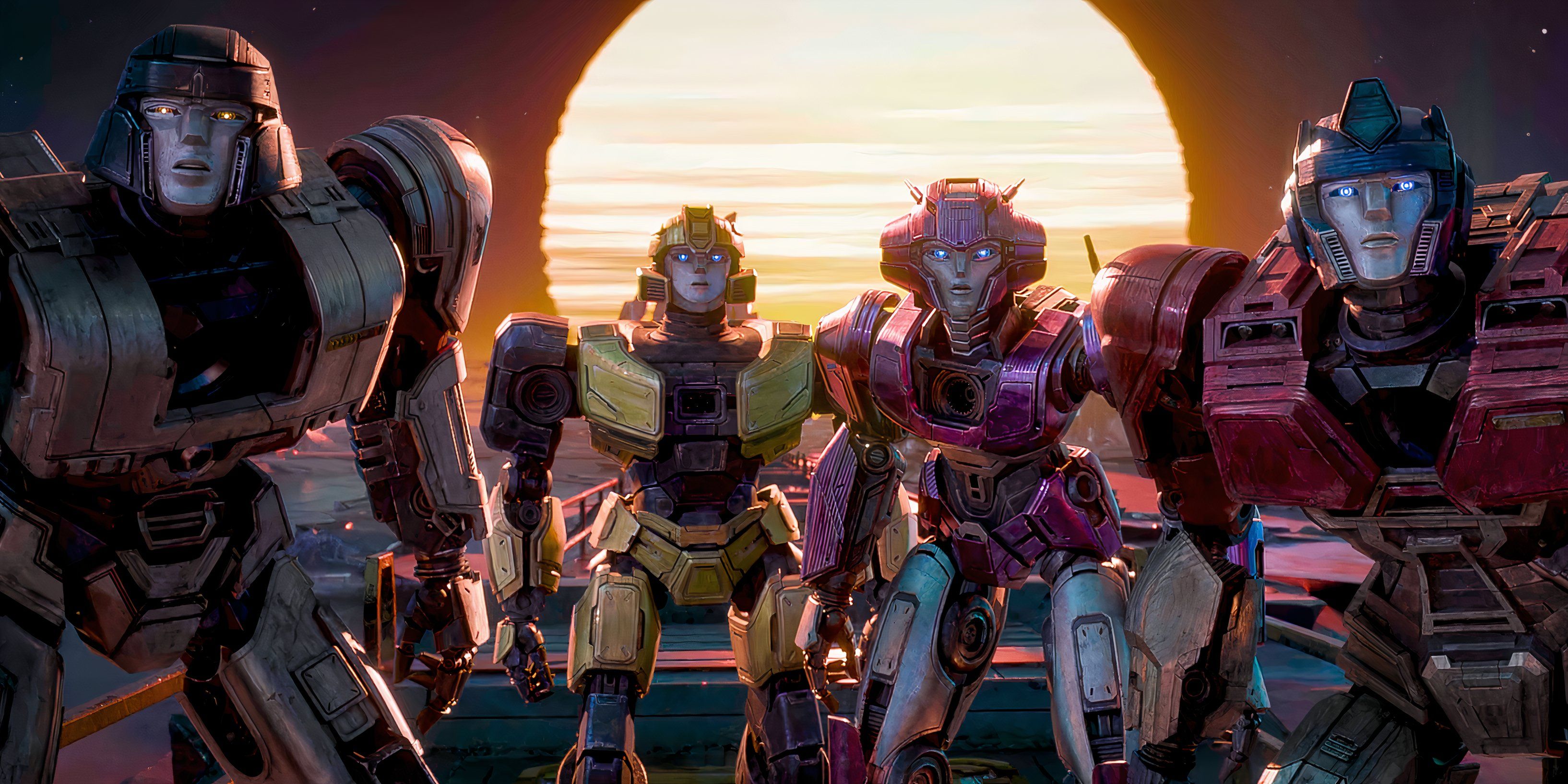 D-16, Bumblebee, Elita, and Orion Pax look stunned in Transformers One