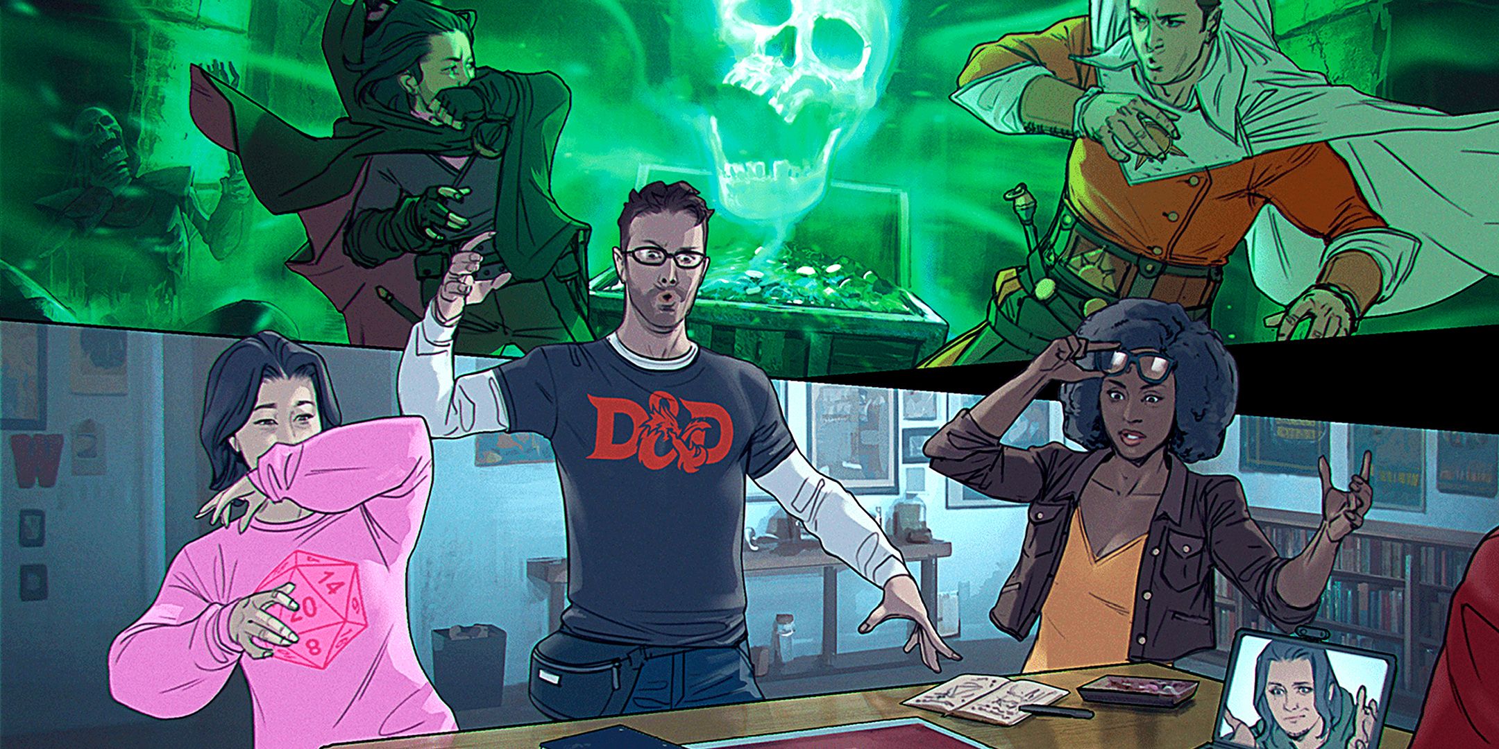 A group playing D&D in artwork from the 2024 Player's Handbook.