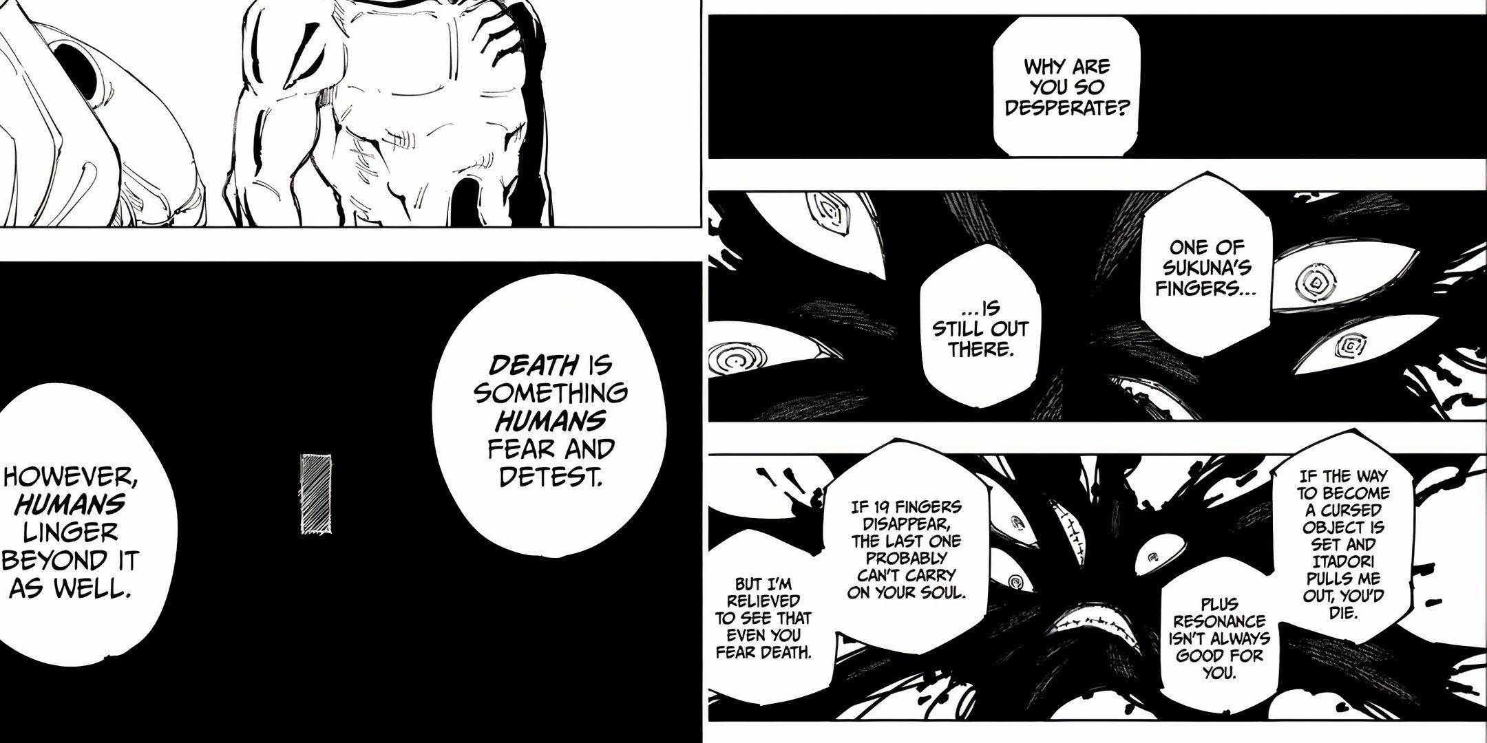 Dagon fala sobre como apenas os humanos temem a morte com um painel de megumi apontando o medo de sukuna em seus momentos finais em jujutsu kaisen