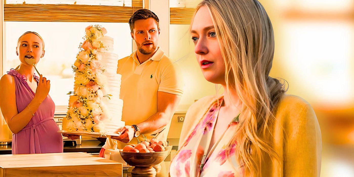 Dakota Fanning as Abby looking shocked collaged with Abby (Fanning) and Jack Reynor as Thomas Winbury stealing a wedding cake in The Perfect Couple