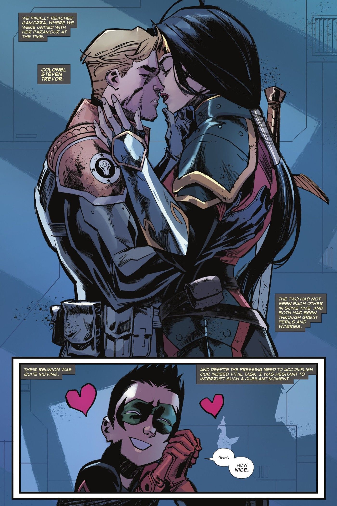 Comic book page: Robin Damian Wayne watches in awe as Wonder Woman and Steve Trevor kiss.
