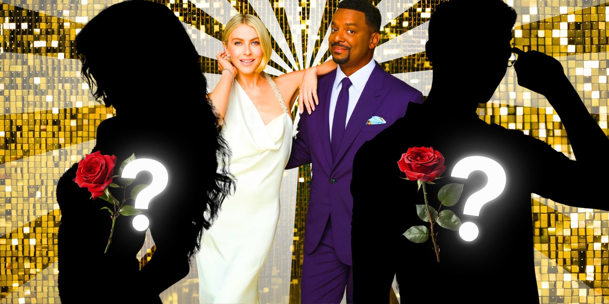 Dancing With The Stars hosts Julianne Hough and Alfonso Ribeiro pose next to two mystery figures and red roses.