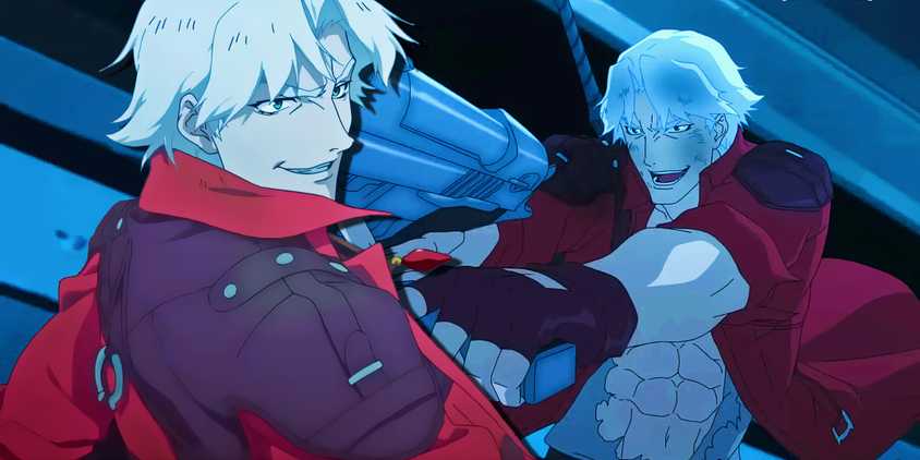 Dante from devil may cry smiling with dante wielding a weapon in the background
