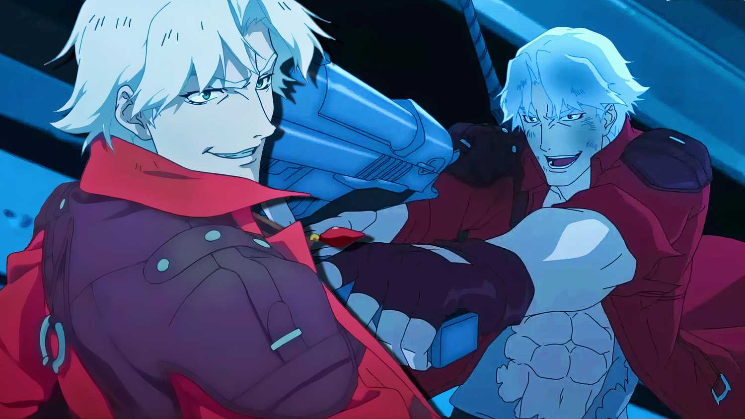 Dante de Devil May Cry souriant avec Dante brandissant une arme en arrière-plan