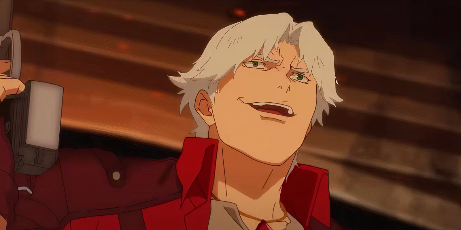 Dante sorrindo enquanto segura suas armas em Devil May Cry