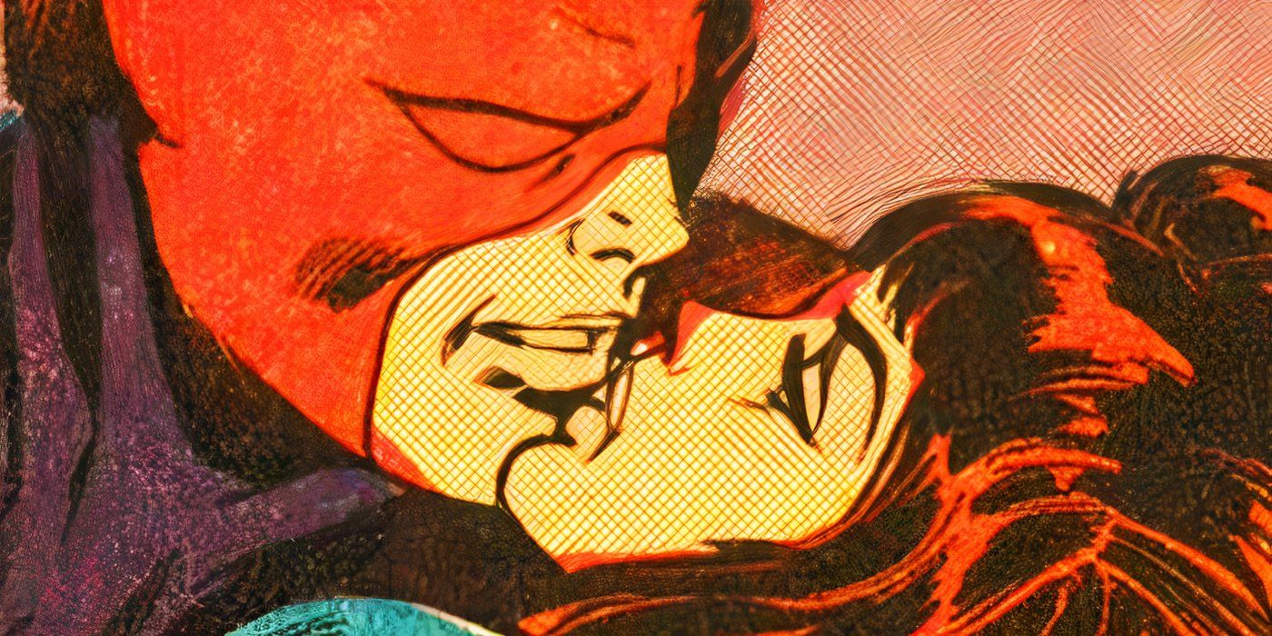 Daredevil and Black Widow sharing a kiss in Marvel Comics