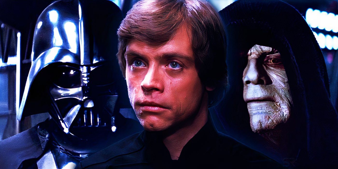 Darth Vader, el Emperador Palpatine y Luke Skywalker están uno al lado del otro.