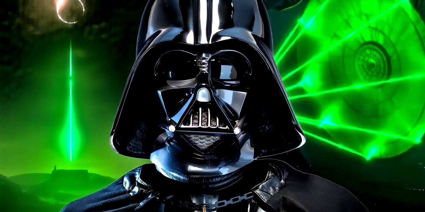 Darth Vader carga su láser verde detrás de él con la Estrella de la Muerte.