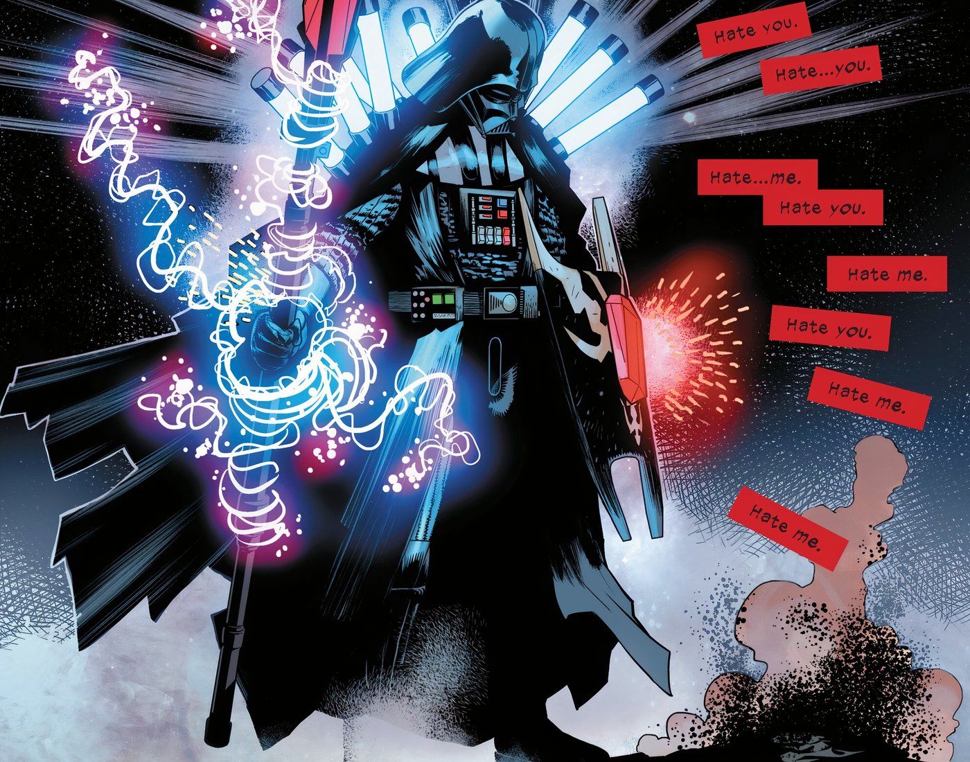 Darth Vader sobre as cinzas do Imperador Palpatine.