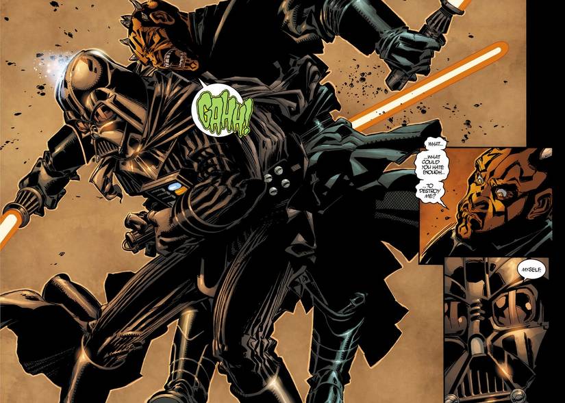 Darth Vader stabbing Darth Maul with his lightsaber. 
