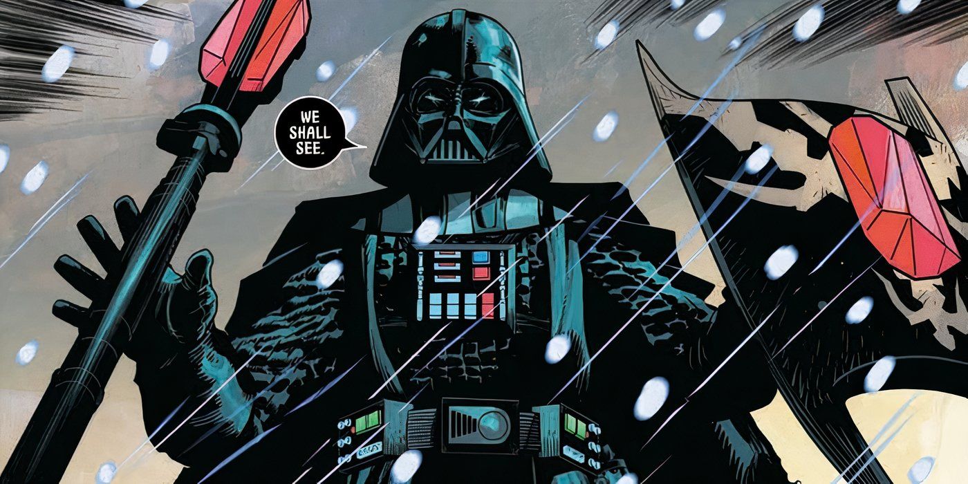 Darth Vader empunhando seu eletrostaff atualizado com kyber e Zaly Shield.