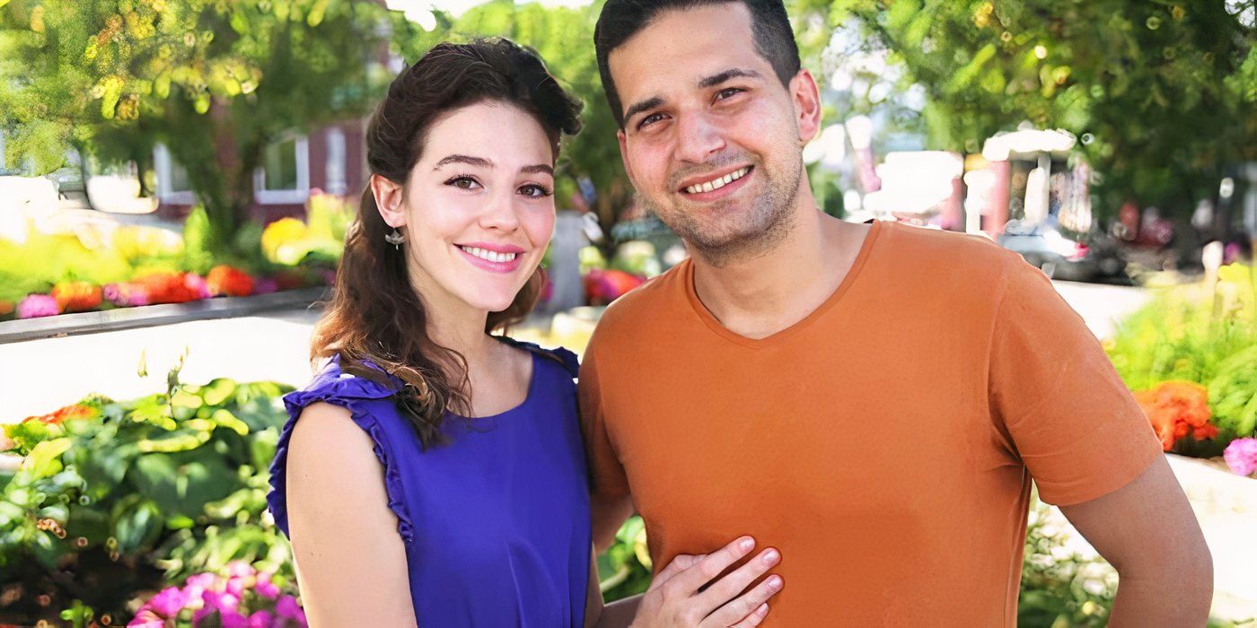 David Vázquez Zermenio y Evelyn Cormier posan juntos en un jardín para sesión fotográfica promocional de su boda de 90 días