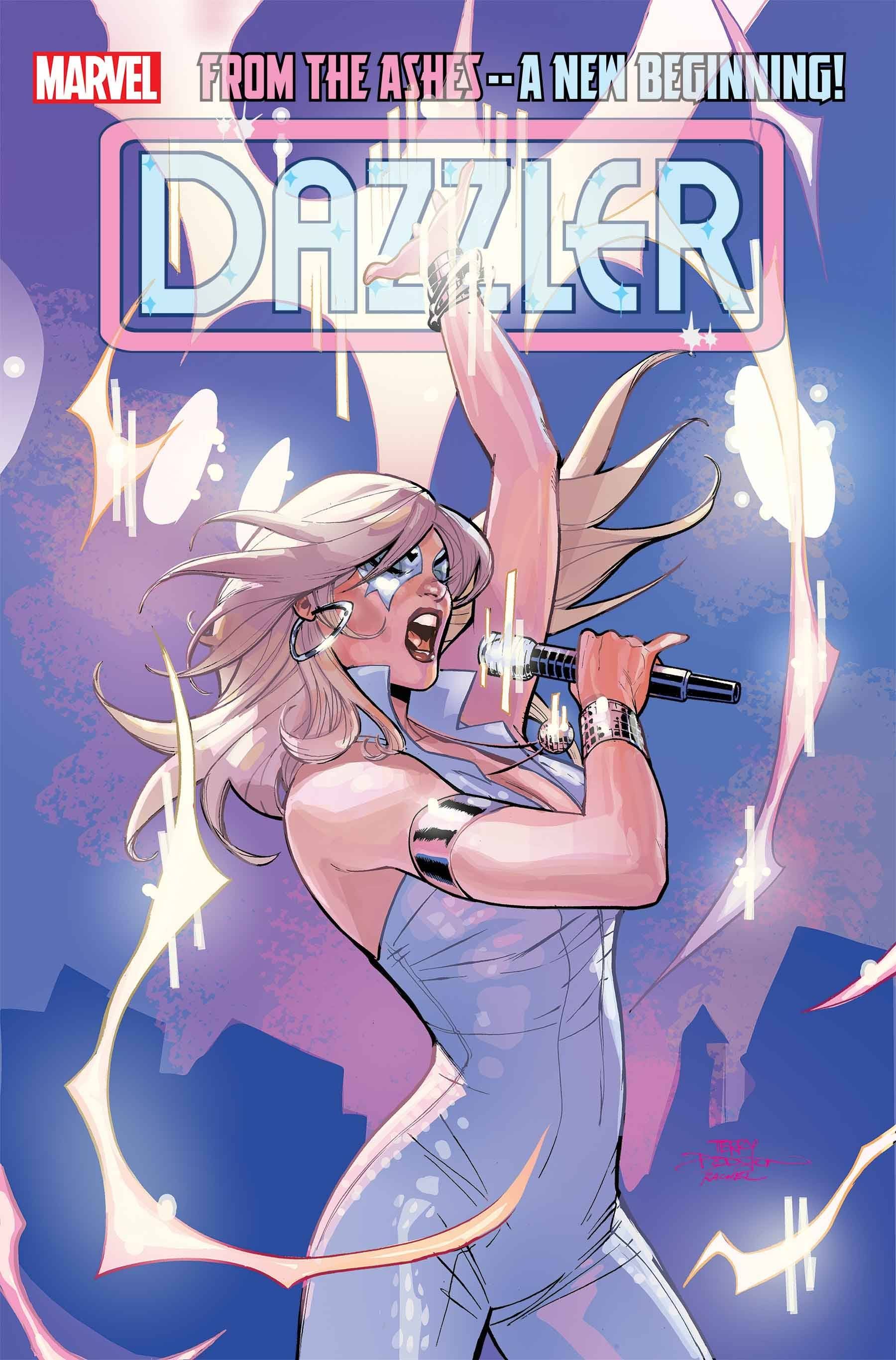 Capa de quadrinhos: Dazzler cantando em um microfone com a mão levantada, luzes voando ao seu redor.