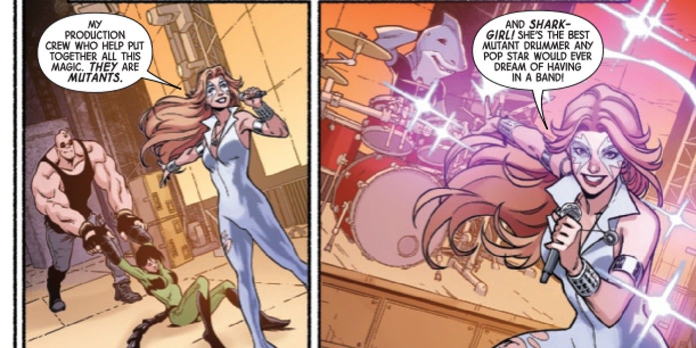 Painéis de quadrinhos: Dazzler está no palco com sua banda.